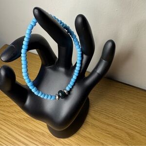 Glass Beaded Elastic Bracelet Blue Agate Metal Antique Silver Plated Rondelle